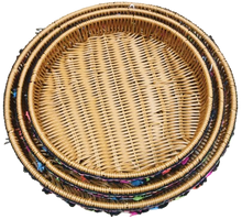 Load image into Gallery viewer, Set of 3 x Brown Round Tray Shallow Baskets with Black Fringe/Multi Coloured Tassel Trimming (3 sizes)