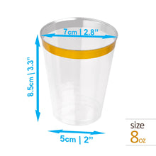 Load image into Gallery viewer, 8oz Reusable Plastic Tumblers Clear Cups with Gold Rim (Pack of 20)