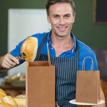 Load image into Gallery viewer, WHOLESALE Pack of 12 x Brown Paper Bags for Gifts, Food & Sweets, Strong Carrier Bags with Twisted Handles for Kid Parties, Weddings, 27x21x11cm