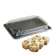 Load image into Gallery viewer, Sushi Rectangle Black Base Trays with Lids 6.9" x 4.7" x 1.2" (Pack of 25pcs)