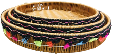 Load image into Gallery viewer, Set of 3 x Brown Round Tray Shallow Baskets with Black Fringe/Multi Coloured Tassel Trimming (3 sizes)