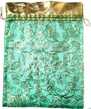 Load image into Gallery viewer, 100 x Green/Gold Large Organza Bags 22cm x 29cm BULKBUY