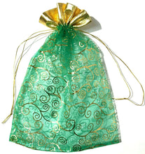 Load image into Gallery viewer, 100 x Green/Gold Large Organza Bags 22cm x 29cm BULKBUY