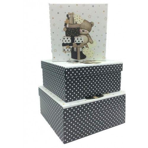 White/Black Teddy Bear Square Gift Boxes (Set of 3)