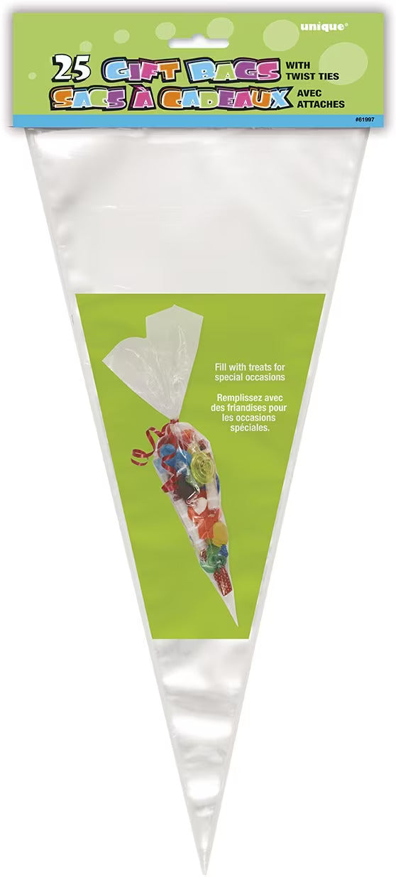 Clear Sweet Cone Bags With Silver Ties 180 x 410mm (Pack of 25pieces)