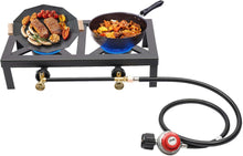Load image into Gallery viewer, Portable Camping 2 Burner Stove for Outdoor BBQ Cooker Cast Iron Commercial Portable Camping Stove With Regulator Hose Gas Cooker
