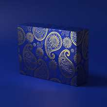 Load image into Gallery viewer, 7&quot; x 5&quot; x 2&quot; Rectangular Blue/Gold Mithai (Indian Sweet) Box
