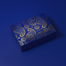 Load image into Gallery viewer, 7&quot; x 5&quot; x 2&quot; Rectangular Blue/Gold Mithai (Indian Sweet) Box
