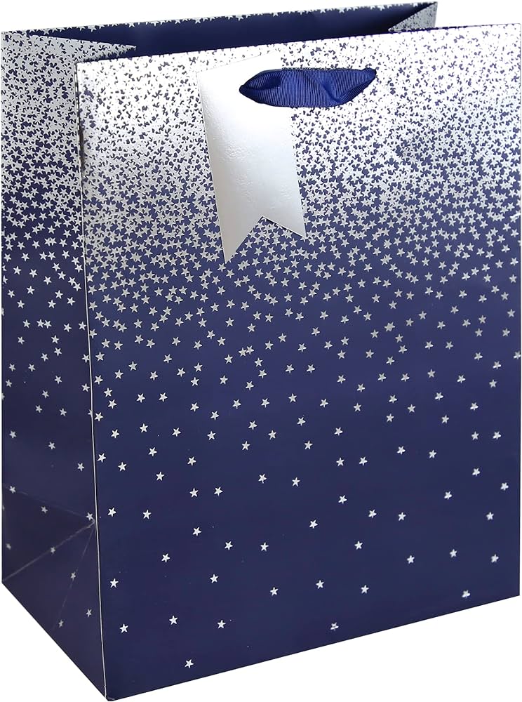 Medium Navy Blue with Silver Stars Gift Bags 25x21x10cm (Pack of 6)