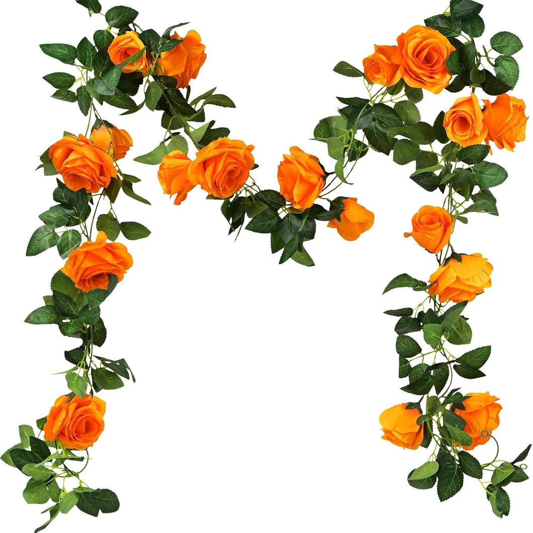 180cm Fake Silk Roses Ivy Vine ORANGE Artificial Flowers with Green Leaves for Home Wedding Decoration Hanging Garland
