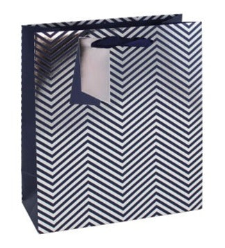 Medium Navy Blue with Silver Chevrons Gift Bags 25x21x10cm (Pack of 6)