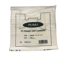 Load image into Gallery viewer, 11x17x21&quot; White Plastic Vest 18mu Large &quot;PUMA&quot; Carrier Bags
