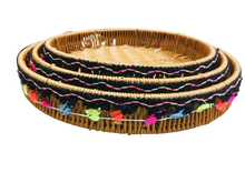 Load image into Gallery viewer, Set of 3 x Brown Round Tray Shallow Baskets with Black Fringe/Multi Coloured Tassel Trimming (3 sizes)
