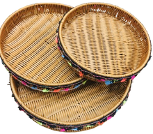 Load image into Gallery viewer, Set of 3 x Brown Round Tray Shallow Baskets with Black Fringe/Multi Coloured Tassel Trimming (3 sizes)
