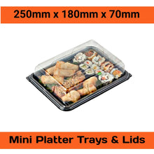 Load image into Gallery viewer, Mini 250mm x 180mm x 70mm Black Base Reusable Platters with Clear Lids

