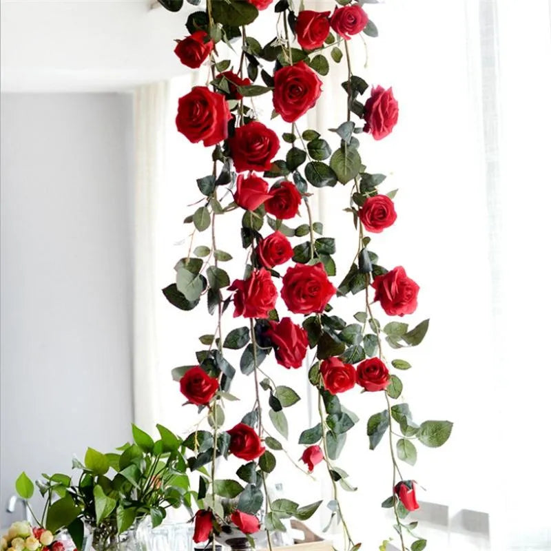 180cm Fake Silk Roses Ivy Vine RED Artificial Flowers with Green Leaves for Home Wedding Decoration Hanging Garland