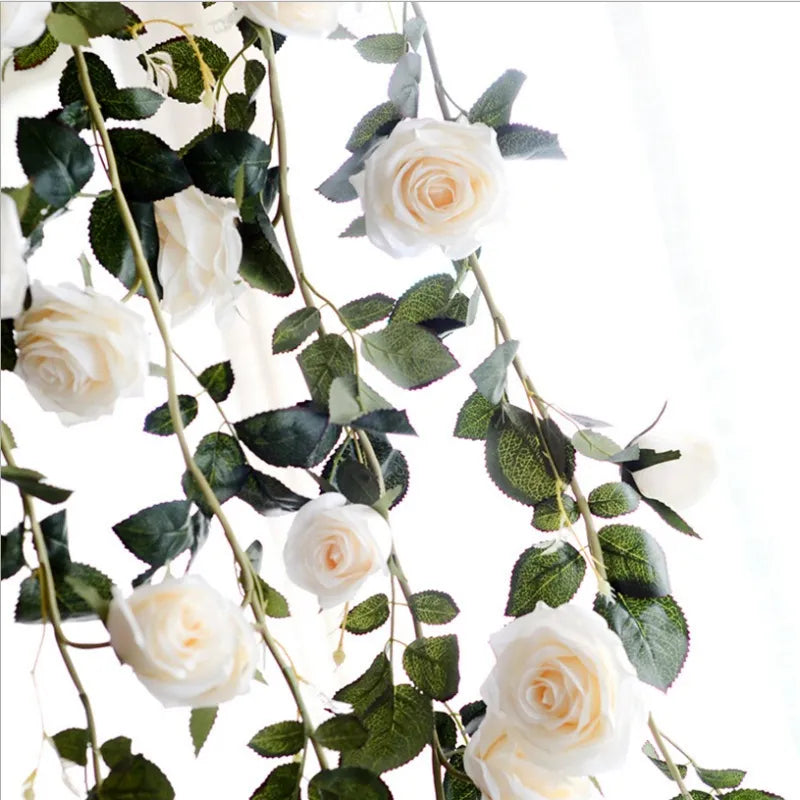 180cm Fake Silk Roses Ivy Vine IVORY Artificial Flowers with Green Leaves for Home Wedding Decoration Hanging Garland