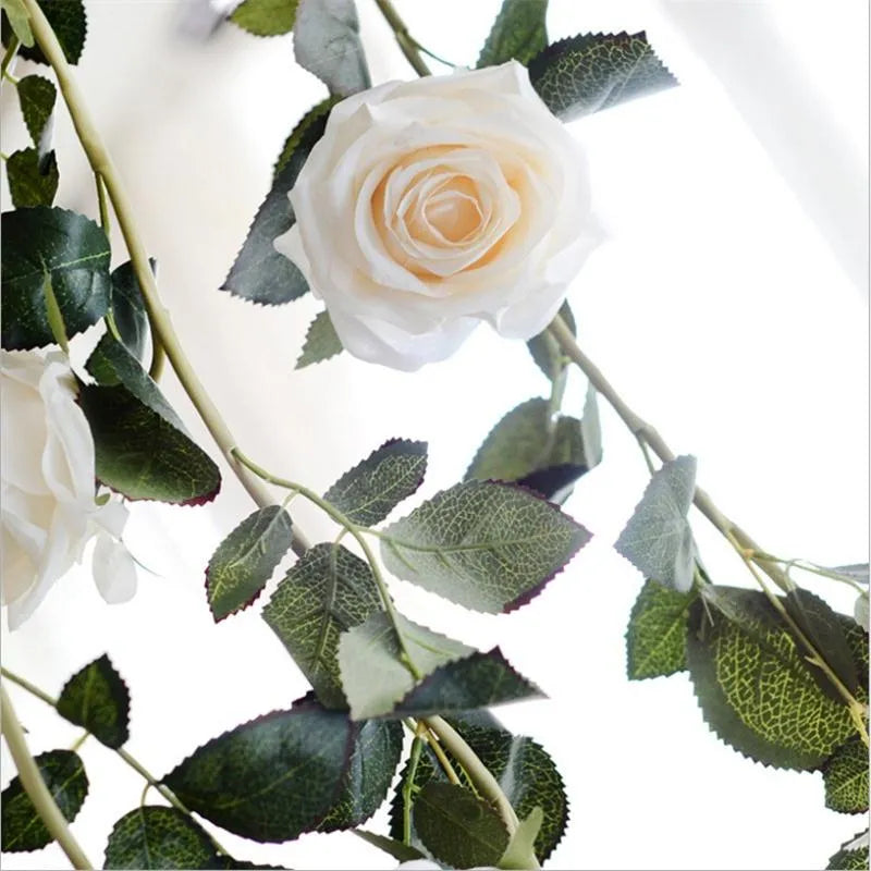180cm Fake Silk Roses Ivy Vine WHITE Artificial Flowers with Green Leaves for Home Wedding Decoration Hanging Garland