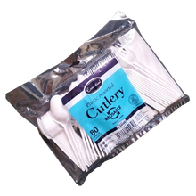 Load image into Gallery viewer, Assorted Plastic Reusable White Spoons/Forks/Knives/Teaspoons "Economy Value" (Pack of 80)
