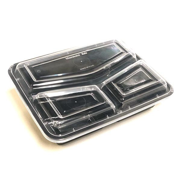 3-Compartment Rectangle Black Base Reusable Containers with Lids (Pack of 50pcs)