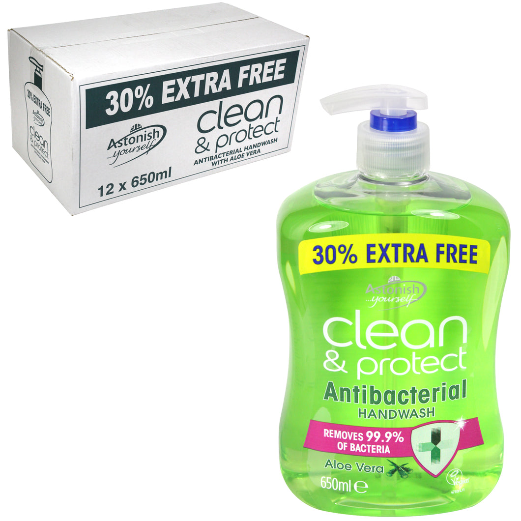 12 x Antibacterial Clean & Protect with Aloe Vera Handwash Pump 650ml