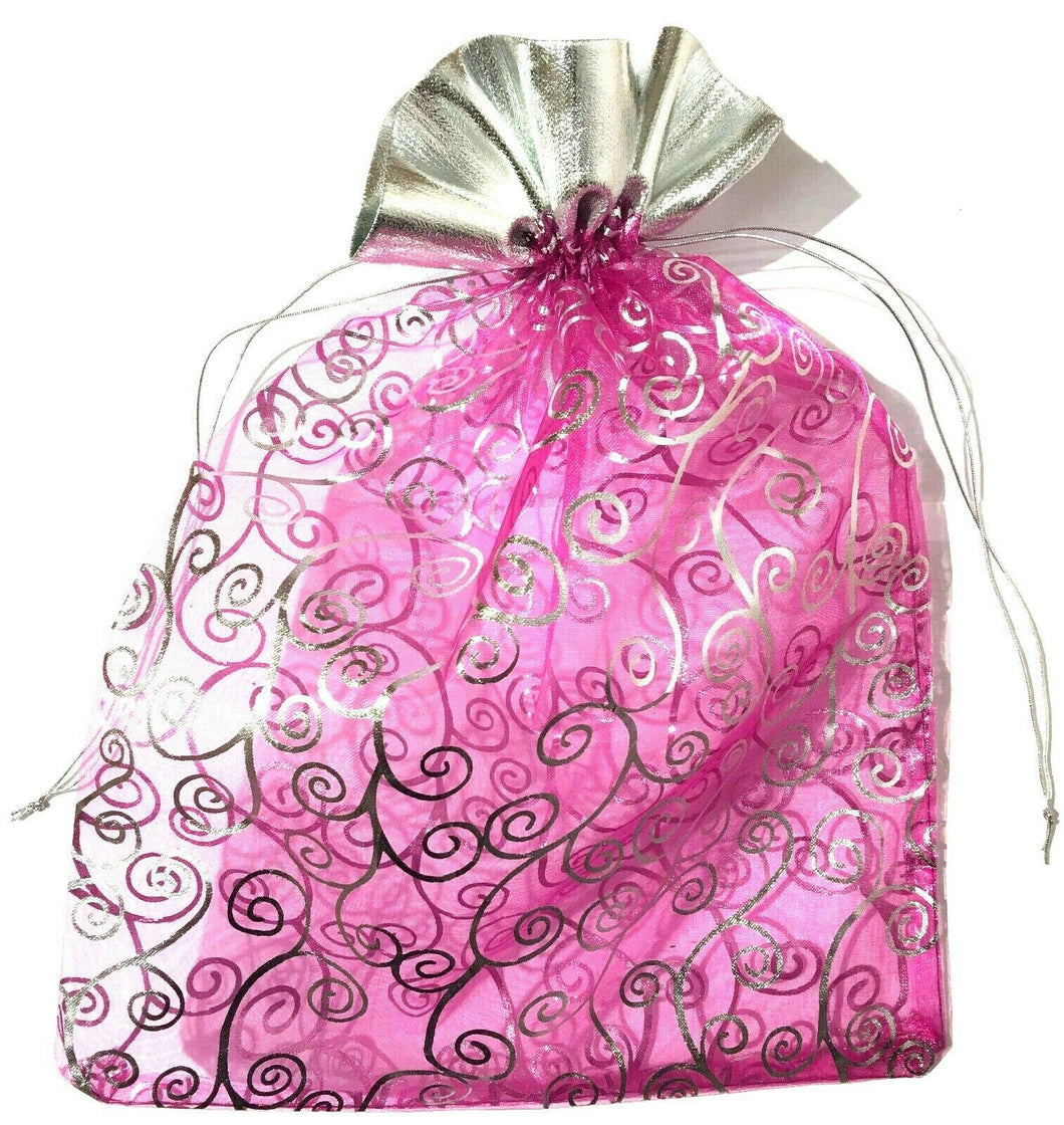 50 x Pink/Silver Large Organza Bags 24cm x 30cm